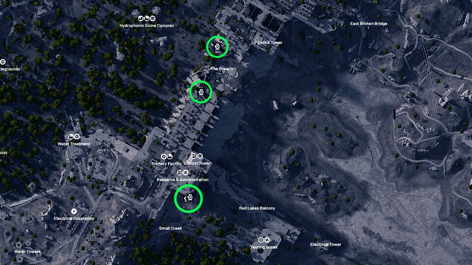 Alle Wächter-Fundorte auf der Karte haben wir grün markiert. Seid aber besonders vorsichtig, weil andere Raider euch in den großen Gebäuden hervorragend auflauern können. Bild: Die Karte wurde mithilfe arcraidersmaps.app erstellt.