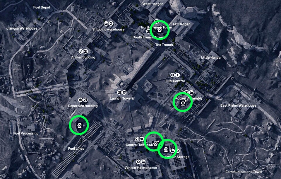Alle Wächter-Fundorte auf der Karte haben wir grün markiert. Schleicht euch heran und erledigt den Wächter so schnell und lautlos wie möglich, um die Aufmerksamkeit nicht zu sehr auf euch zu lenken. Bild: Die Karte wurde mithilfe arcraidersmaps.app erstellt.