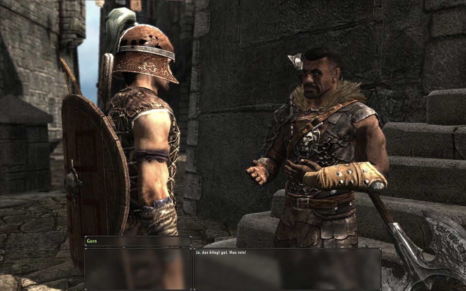 Im Gespräch mit einem alten Bekannten, dem Krieger Gorn. Die Dialogboxen am unteren Bildrand sind noch nicht finalisiert.
