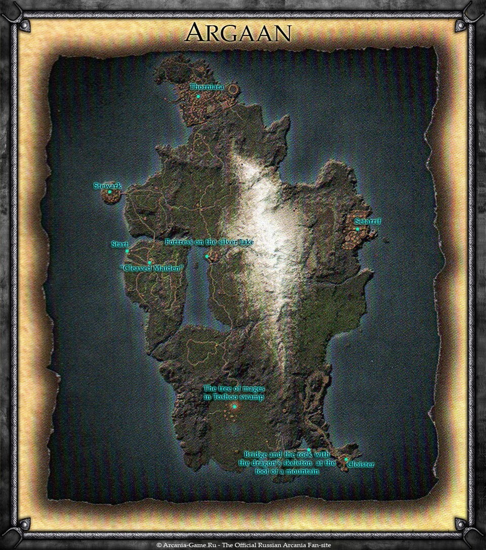 Die Spielwelt-Karte von Arcania: Gothic 4 mit allen bislang offiziell bekannten Plätzen.