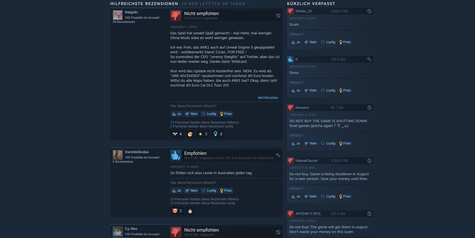 Seit der Ankündigung von Ark: Survival Ascended kommt es auf der Steam-Seite von Ark: Survival Evolved vermehrt zu negativen User-Reviews.