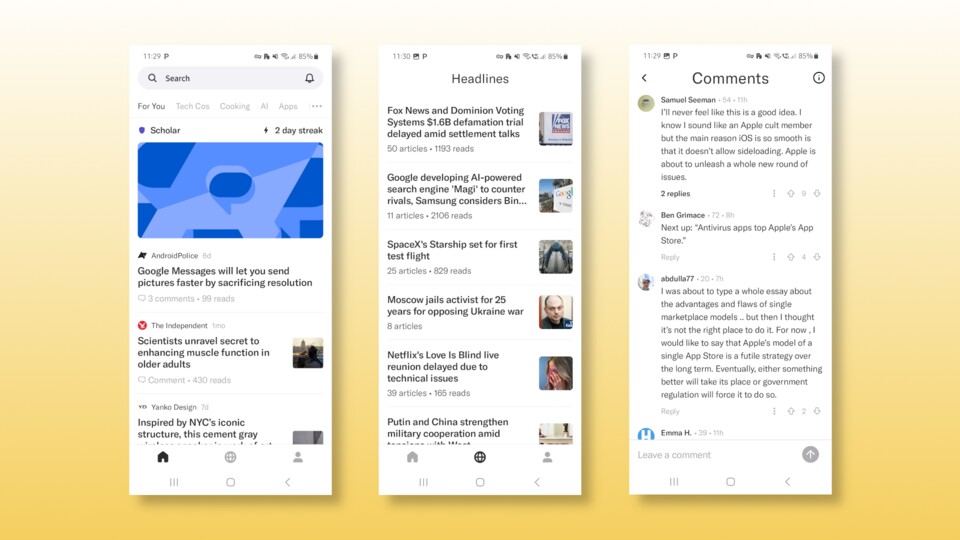 For You-Seite, Headlines und Kommentare in Artifact.