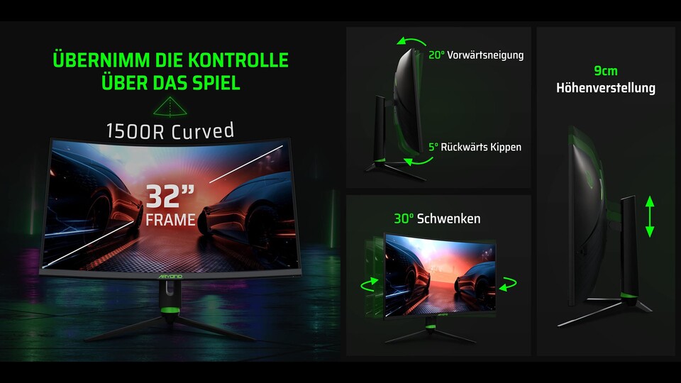Nicht nur gekrümmt, sondern auch perfekt justierbar: Den Aryond A32 könnt ihr genau an eure Sitzposition anpassen.