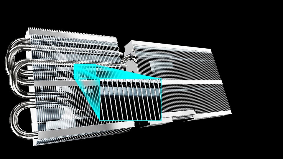 Die Lamellen, die ASRock zur Kühlung der GPU benutzt, sind hauchdünn und so dicht gestapelt, wie es nur geht, bevor die Lüfter Schwierigkeiten bekommen, Luft hindurchzudrücken.