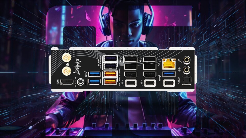 Auf der Rückseite findet ihr gleich 16 der USB-Buchsen. (Bildquelle: Asrock)