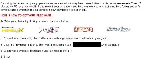 Auszug aus der Entschädigungs-Email, die an Besitzer der Assassin's Creed 2 Deluxe-Edition und Black Edition verschickt wurde.