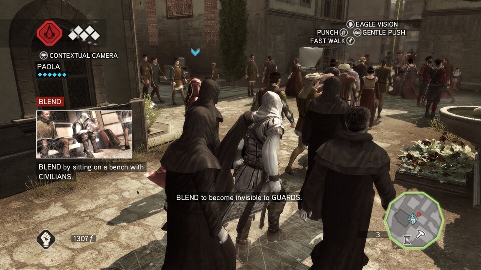 Ezio kann sich inmitten umher stromernder Passanten für Wachen unsichtbar machen.