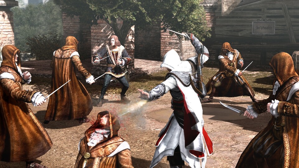 Im DLC Da Vincis Verschwinden bekämpft Ezio mysteriöse Kuttenträger.
