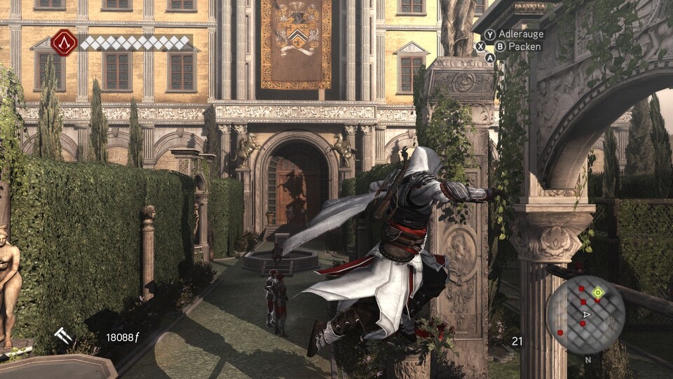 Ezio durchhüpft einen Lustgarten.