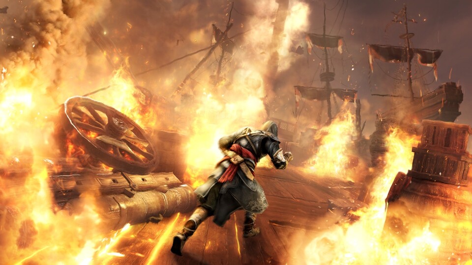 Ezio schlägt sich durch das Flammenmeer zum Schiff durch.
