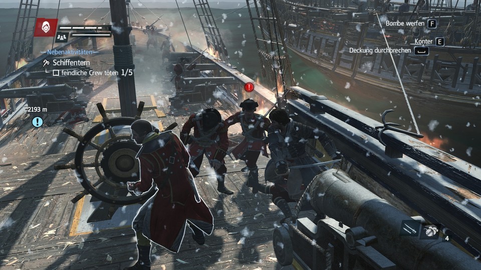 Enterkämpfe in Assassins's Creed: Rogue sind zwar nicht fordernd, sehen aber ungemein cool aus. Vor allem, wenn’s schneit.
