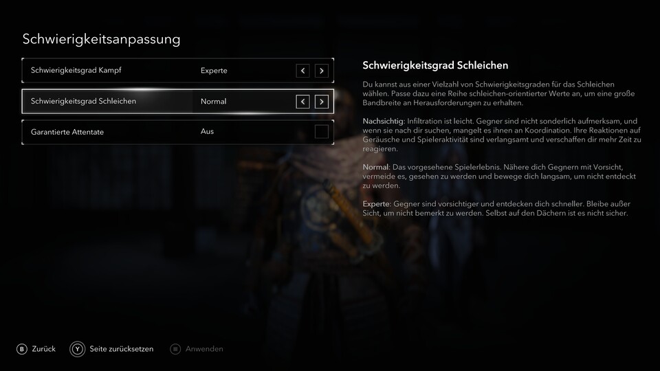 So sehen die Schwierigkeitsoptionen im Menü aus.