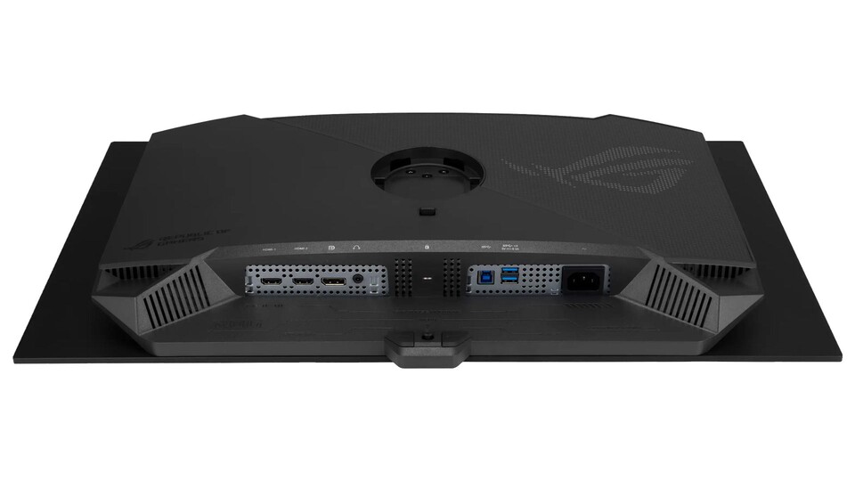 Hier seht ihr die Anschlüsse des Monitors. Ihr bekommt 2x HDMI, 1x DisplayPort, 2x Downstream-Ports USB Typ-A und einen Kabelsperre-Slot.