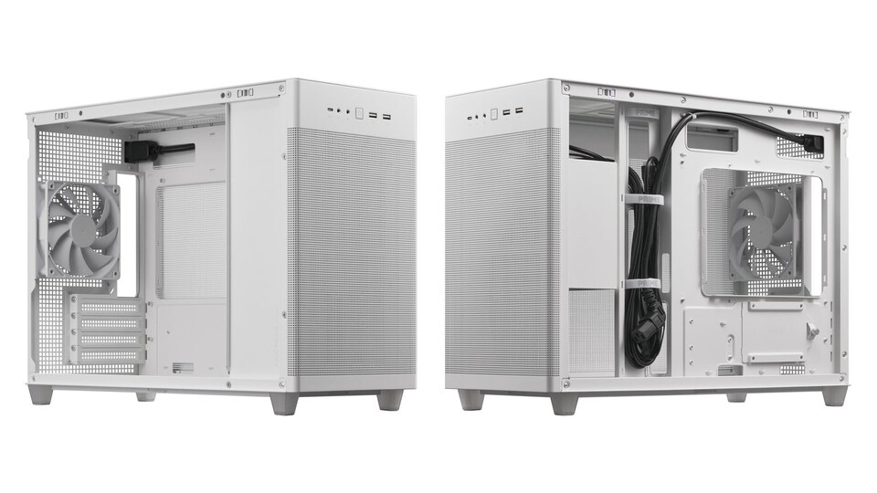 Das ATX-Netzteil findet seinen Platz vorne im Gehäuse. Damit ihr das Stromkabel trotzdem wie gewohnt hinten anschließen könnt, liegt eine Verlängerung bei.