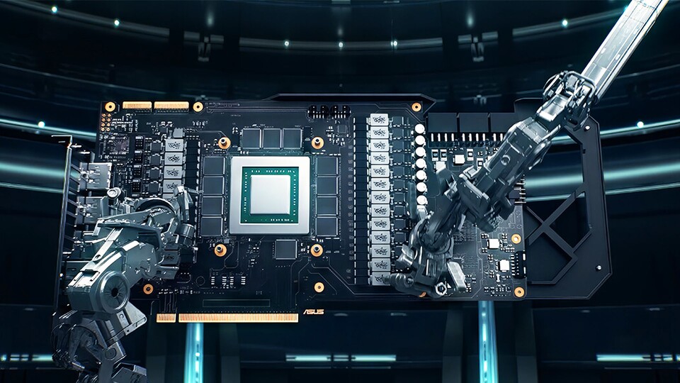 Die GPU ist das nahezu quadratische Herzstück der Grafikkarte und umringt von Speicherchips, die den Grafikspeicher ausmachen.