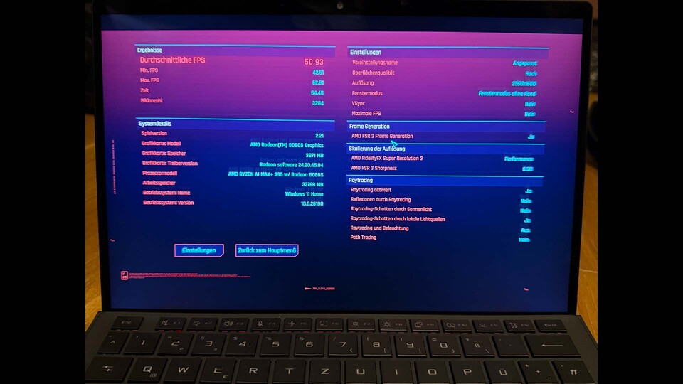 Der Benchmark von Cyberpunk 2077 zeigt, dass das ASUS ROG Flow Z13 eine enorme Leistung bietet.