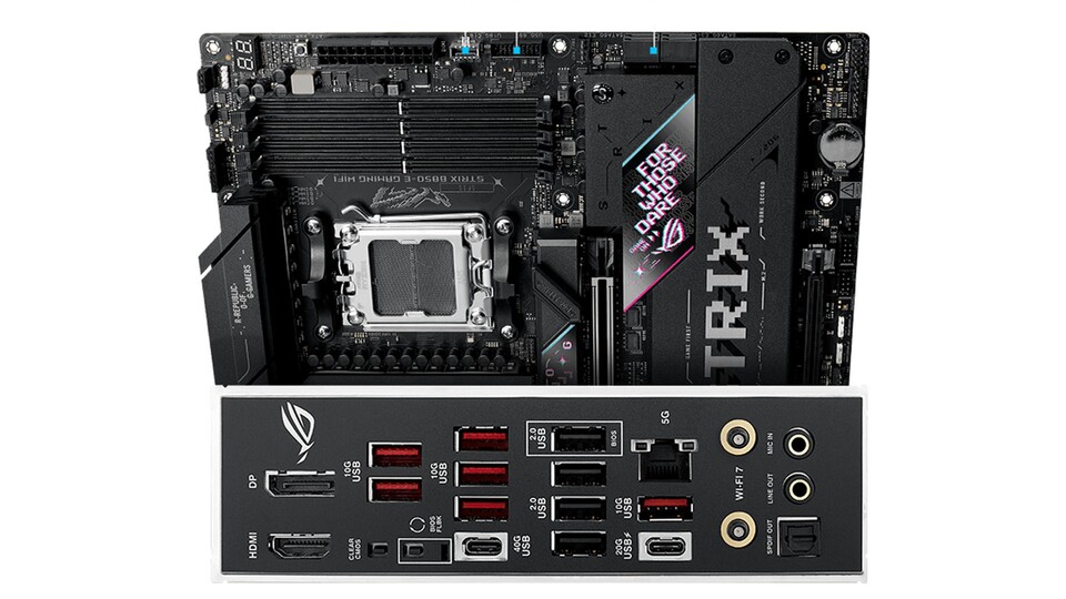 Das Mainboard bietet eine Vielzahl von Anschlüssen, darunter 10 USB-A- und 2 USB-C-Anschlüsse. Achtet beim Inbetriebnehmen darauf, euren Monitor für die volle Performance mit der Grafikkarte zu verbinden und nicht mit dem Mainboard.