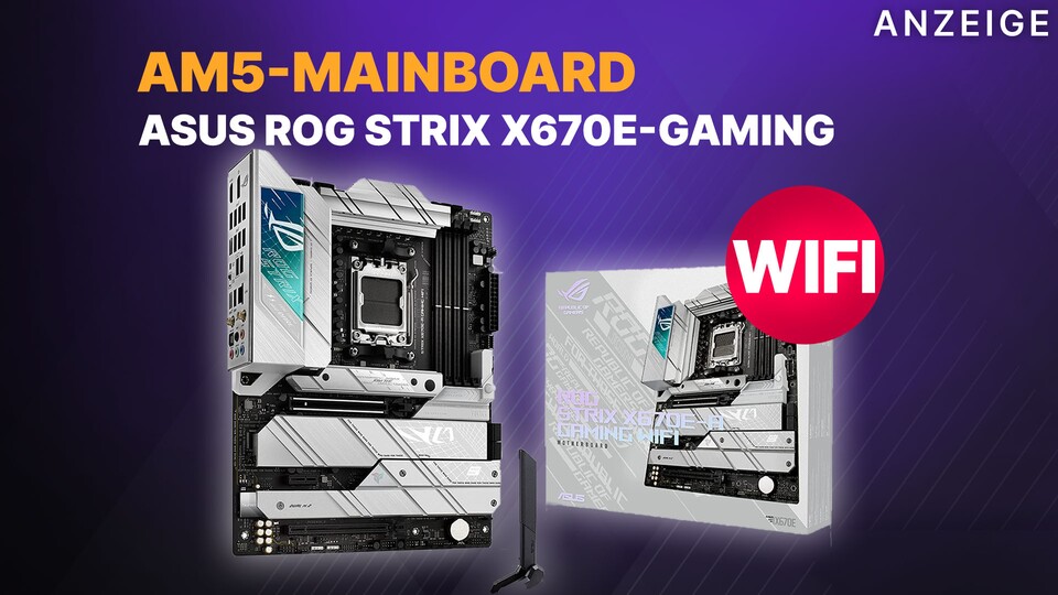 Das ASUS ROG STRIX X670E-Gaming A WiFi Mainboard hat alles, was man sich wünschen kann: M.2 und Grafikkarten-Slots mit PCIe 5.0, Overclocking-Funktionen, RGB und Cooling-System.