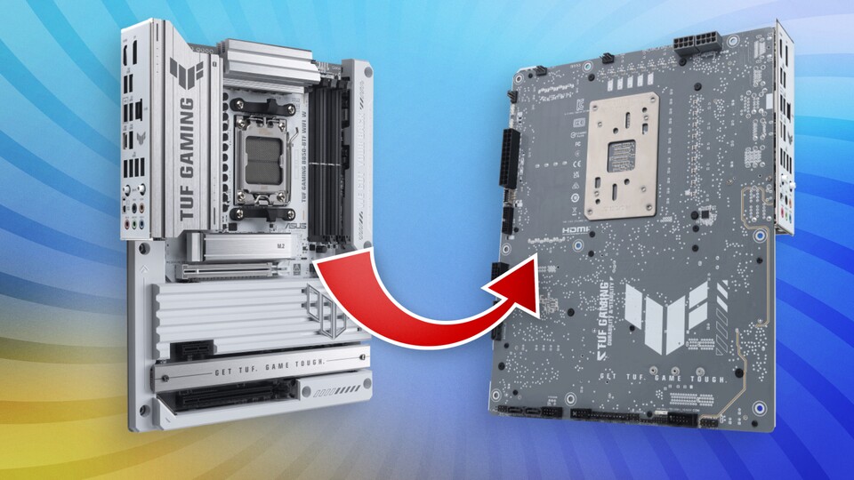 Die Anschlüsse des Asus TUF Gaming B850-BTF WiFi W wandern auf die Rückseite. (Bildquelle: Asus)