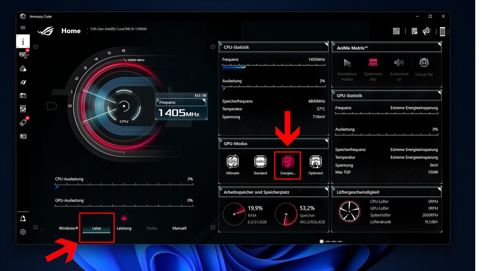 Über das Asus-Tool Armoury Crate könnt ihr den Laptop genauso einstellen, wie ihr in braucht. Flüsterleise für Business oder volle Power für Cyberpunk 2077: Phantom Liberty.
