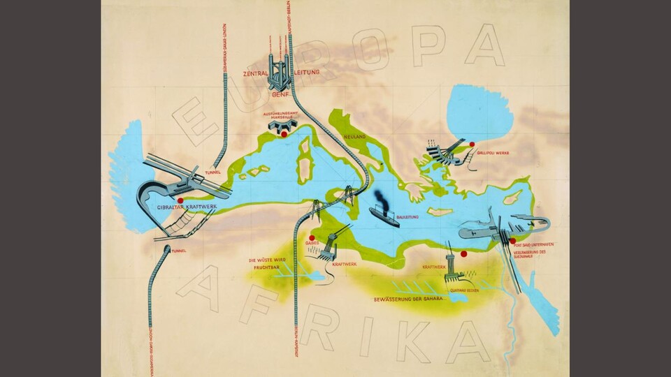 So hätte Atlantropa einmal aussehen sollen. Die grünen Flächen stellen neu gewonnenes Land dar. (Bildquelle: Atlantropa-Ausstellung, Wien 1932)