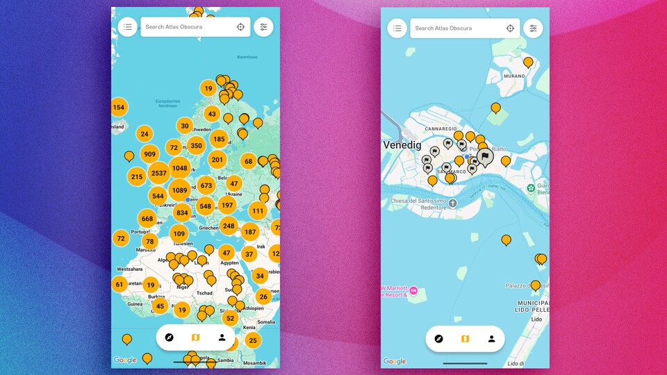 Die Atlas-Obscura-App bietet eine Weltkarte mit allerhand Sehenswürdigkeiten. Hab ihr einen Ort besucht und »Been There« angegeben, wird er in Grau mit einer Flagge angezeigt.