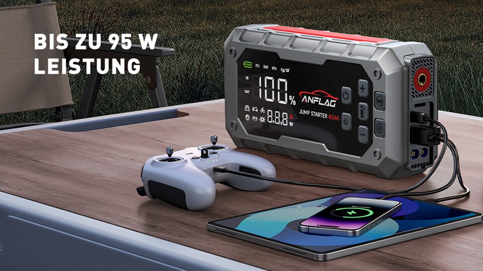 Das Anflag BD60 lässt sich auch als Powerbank nutzen. Damit könnt ihr notfalls euer Handy laden, oder auch Camping-Geräte, wie kleine elektrische Kühlboxen betreiben.
