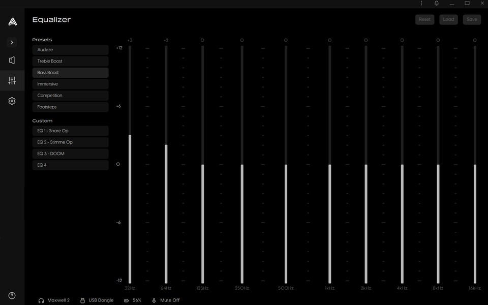 Hier ausgewählt ist der Bass Boost. Es gibt fünf weitere voreingestellte Profile und vier Slots für selbsterstellte. (Bildquelle: Audeze Software, Nele Wobker GS Tech)