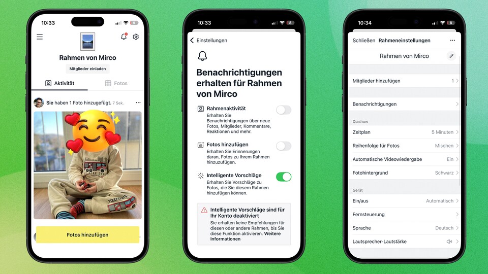 Die Aura-App in der Übersicht: Hauptansicht, Benachrichtigungen, Einstellungen. (Bildquelle: Mirco KämpferGameStar Tech)