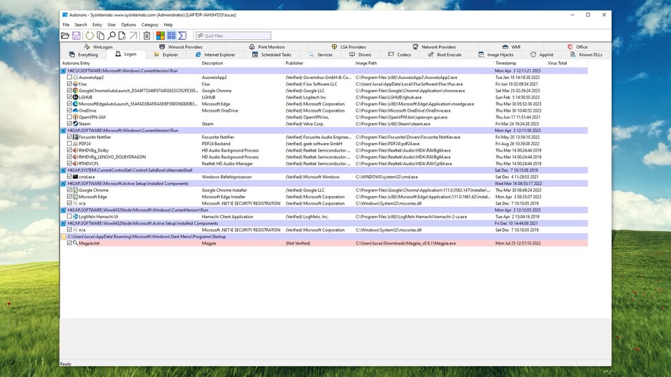 Logon listet alle Programme auf, die beim Einloggen gestartet werden können.