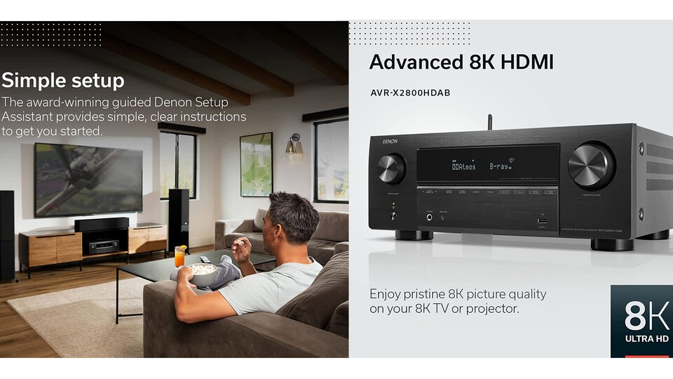 Der Denon AV-Receivr kann 120 Hertz bei 4K UHD dank HDMI 2.1-Anschluss. Perfekt für geniale Filmeabende im Heimkino.