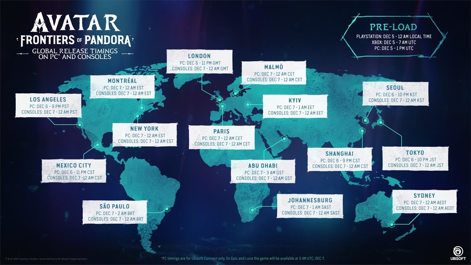 Ubisoft hat die Release-Uhrzeit und Preload-Termine für Frontiers of Pandora in einer praktischen Übersicht zusammengefasst. Bild: Ubisoft