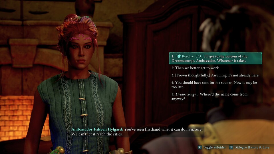 Rechts zu sehen: Einige Antwortmöglichkeiten in Avowed sind nur anwählbar, wenn eure Spielfigur die Mindestanforderungen bei entsprechenden Attributen erfüllt.