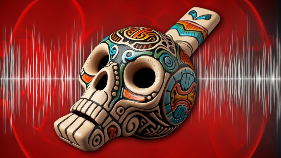 Eine aztekische Todespfeife klingt wie ein menschlicher Schrei. (Bild: Dall-E, Photoshop)