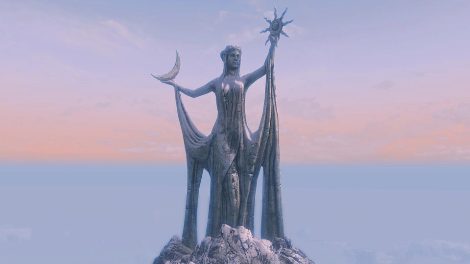 Der Schrein von Azura ragt meilenweit sichtbar über den Berggipfeln von Winterfeste auf.