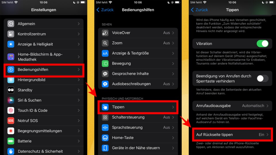 So aktiviert ihr Back Tap, oder auf Deutsch »Auf Rückseite tippen«.