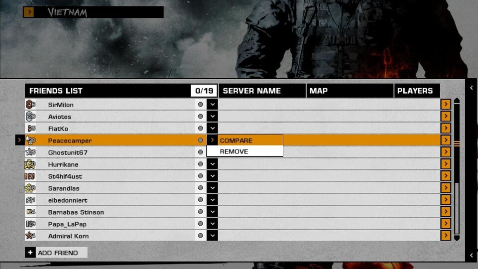Die Freundesliste von Bad Company 2: Derart stiefmütterlich sollte man seine Freunde eigentlich nicht behandeln.
