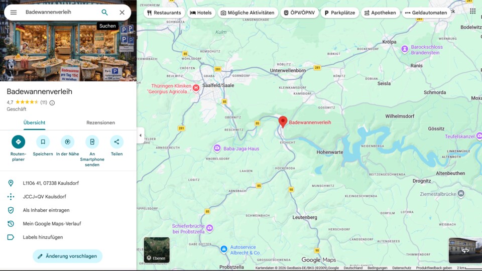An dem Tag, an dem ich das Stargate in Thüringen entdeckte, stieß ich auch zufällig auf den »Badewannenverleih«. (Bildquelle: Google Maps)