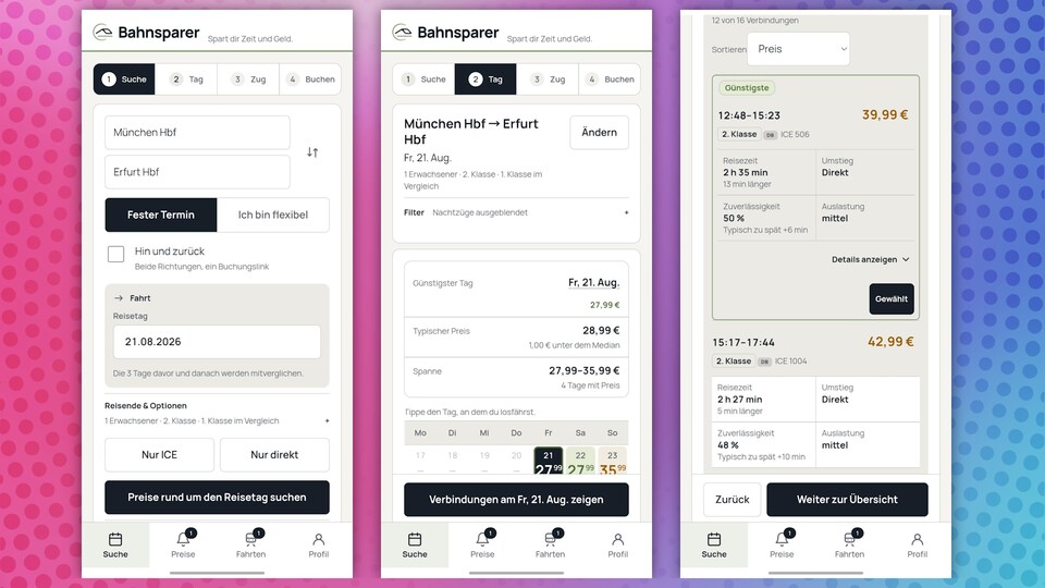 So sieht die Übersicht der Verbindungen in der Bahnsparer-App aus. (Bildquelle: GameStar Tech)