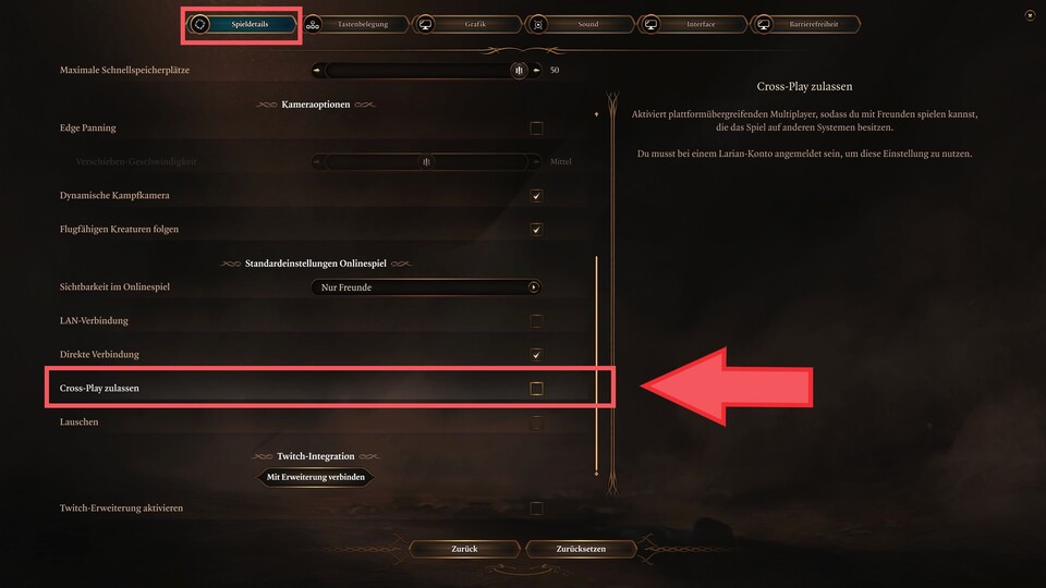 Sobald ihr euer Larina-Konto erstellt habt, müsst ihr in BG3 nur noch ein Häkchen fürs Crossplay setzen und könnt anschließend gemeinsam auf PC, PS5 und Xobx Series XS spielen.