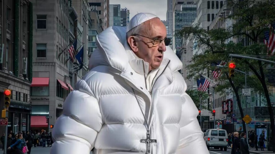 Dieses Bild zeigt den Papst in einem Outfit der Luxusmarke Balenciaga. Das Bild ist nicht real und wurde von einer KI generiert. (Bild: Handelszeitung)