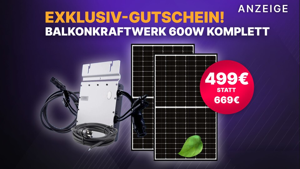 Buy a 600W balcony power plant complete set: Hardly anything else is so cheap!  Thanks to an exclusive voucher, this mini solar system lets you save twice: Once when you buy it and then annually on your electricity bill.