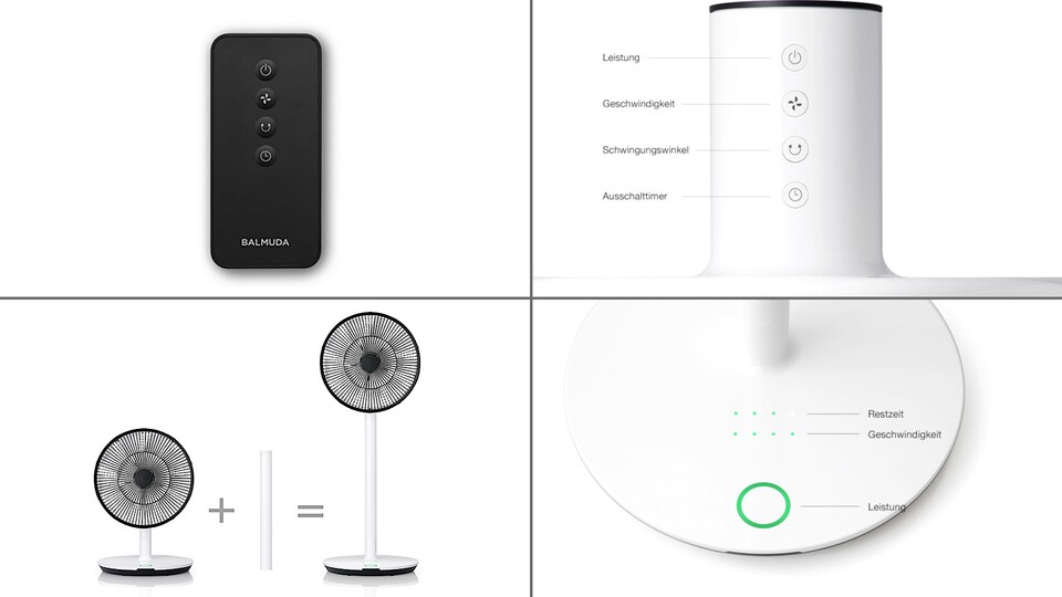 Die Fernbedienung (oben links) deckt die gleichen Funktionen ab, wie die Tasten am Ventilator selbst (oben rechts). Der Standfuß zeigt per LEDs den aktuellen Status an (unten rechts). Außerdem lässt sich die Größe des Ventilators anpassen (unten links).