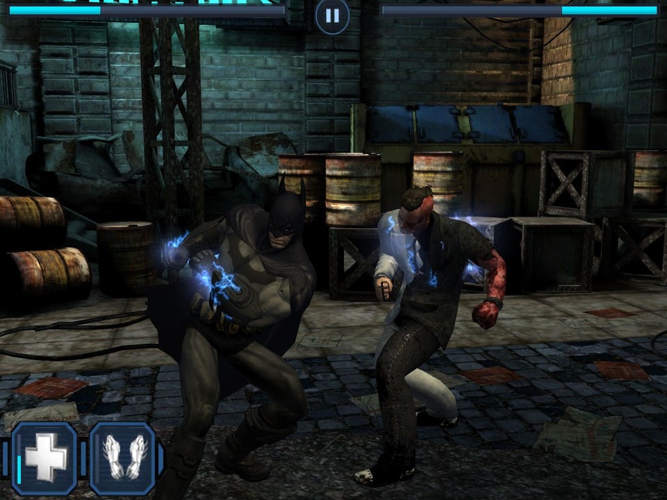 Schon ziemlich früh im Spiel trifft Batman auf Two-Face, dem er hier mit Energie-Handschuhen verbrutzelt.