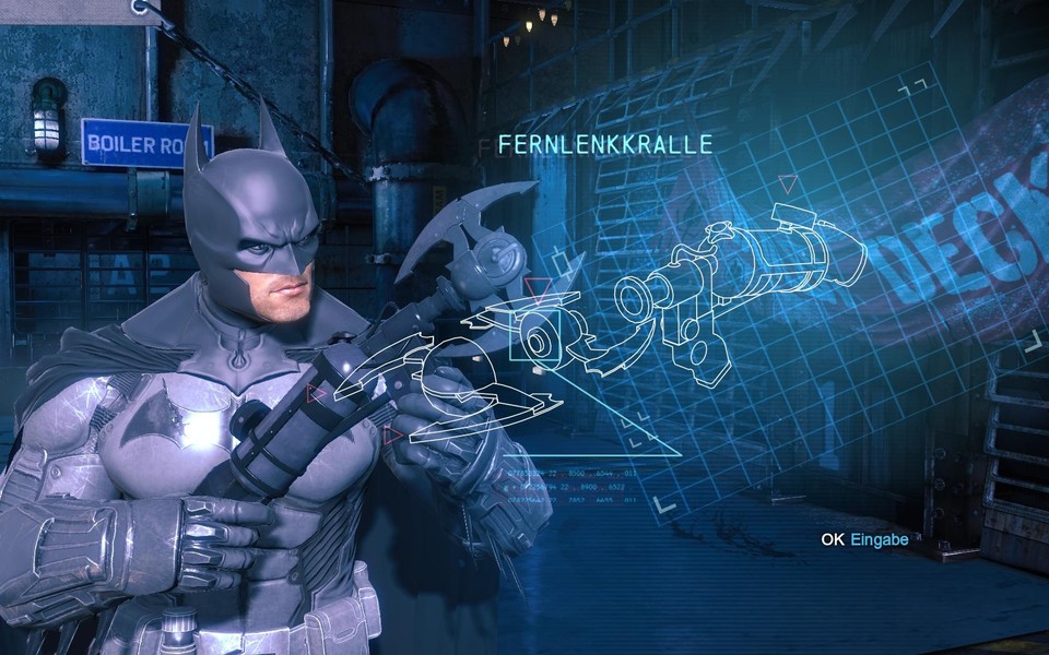 Batman Arkham Origins : Je weiter wir im Spiel vorankommen, desto größer wird Batmans Gadget-Arsenal. Die Fernlenkkralle ist ein prima Hilfsmittel im Kampf.