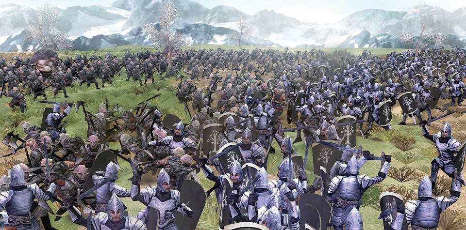 Auf den Pelennor-Feldern treffen die Truppen von Minas Tirith und Orks aufeinander. Nur in dieser hohen Zoomstufe zu erkennen: Jeder einzelne Kämpfer ist aufwändig modelliert und animiert.