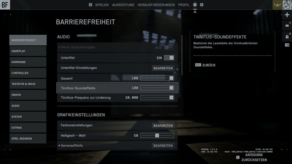 Die Tinnitus-Regler befinden sich nicht in den Audio-Optionen, sondern unter »Barrierefreiheit«.