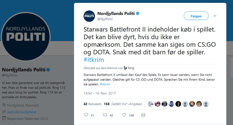 Neben Battlefront 2 warnt die dänische Polizei auch vor CS:GO und Dota 2.