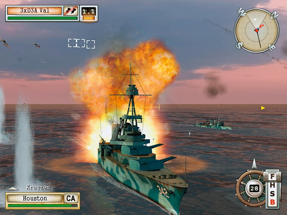 Japanische Sturzbomber greifen unser Schlachtschiff an. Wir überlassen die Flaks unserer Besatzung, um Ausschau nach Torpedos zu halten.
