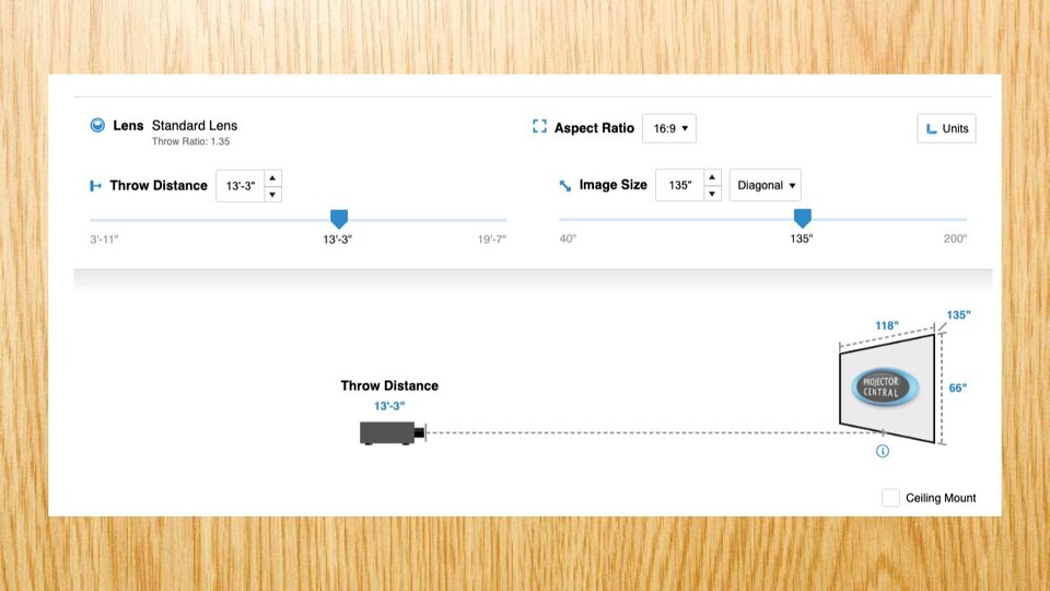 Der Projector Throw Distance Calculator hilft euch, eure Modelle für euch durchzurechnen. Das kann sehr hilfreich bei der Kaufentscheidung sein. Quelle: projectorcentral.com.
